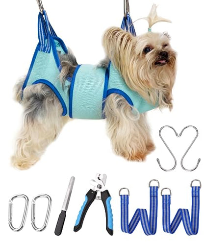Kkiimatt Dog Grooming Hammock, XXS Dog Hanging Harness Holder for Nail Clipping,Nail Trimming Hammock, Grooming Sling Hanger Restraint Bag with Wide Strap Sewed - color: XX-Small 7 LB Max/Turquoise