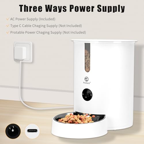 Automatic Cat Feeders, Podazz 1080P HD Camera Timed Auto Cat Dog Feeder with Smart App, 5G WiFi Dry Food Dispenser 2-Way Audio, Voice Recorder, Night Vision, Non-Stick Food Bowl (White)