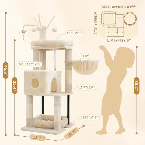 Heybly Cat Tree，HCT202SM - color: Beige, size: 45.3 inch