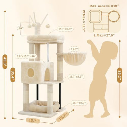 Heybly Cat Tree，HCT202SM - color: Beige, size: 45.3 inch