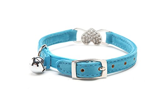 CHUKCHI Pink Soft Velvet Safe Cat Adjustable Collar with Crystal Heart Charm and Bells 8-11 Inches (Blue) - color: Blue