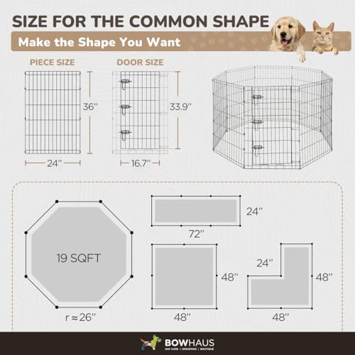 BOWHAUS Foldable Outdoor/Indoor Pet Playpen with Gate, Available in 36 Inch Height Metal Portable Kennel, Heavy-Duty Exercise Fence Cage 8 Panels for Large Dog, Animals - style: 36 Inch