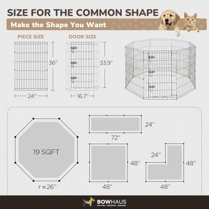 BOWHAUS Foldable Outdoor/Indoor Pet Playpen with Gate, Available in 36 Inch Height Metal Portable Kennel, Heavy-Duty Exercise Fence Cage 8 Panels for Large Dog, Animals - style: 36 Inch