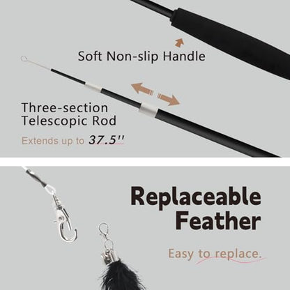 Cat Wand Toys for Indoor Cats - Cat Toy Set with Retractable Teaser Wand and 6 PCS Feather Toy Refills, Dragonfly Tassel Cat Toys Interactive, Black - color: Black