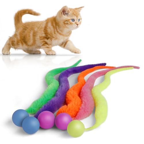 Bouncy Ball with Tail Cat Toys,5 Packs Magic Worm with Ball Toy for Cats,Fuzzy Worm Bouncy Balls Cat Toy - color: Large Rainbow fuzzy worm (Classic)