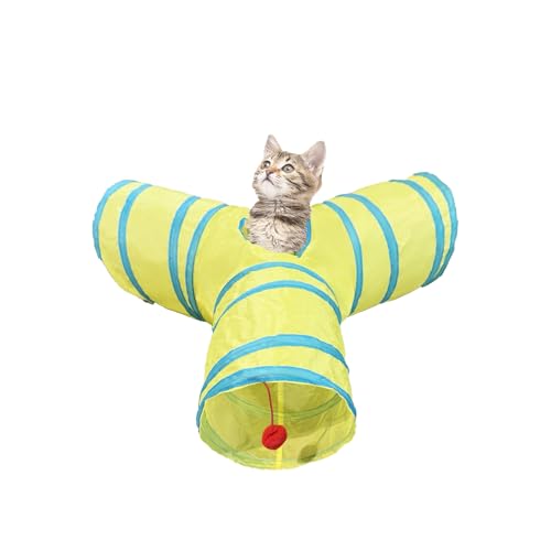 3 Way Cat Tunnel Collapsible Fun Pet Play Tube Toys for Cats, Kittens, Puppies & Rabbits - Portable Tunnel with Hanging Ball for Indoor Play, Hideout & Exercise - color: Yellow Green
