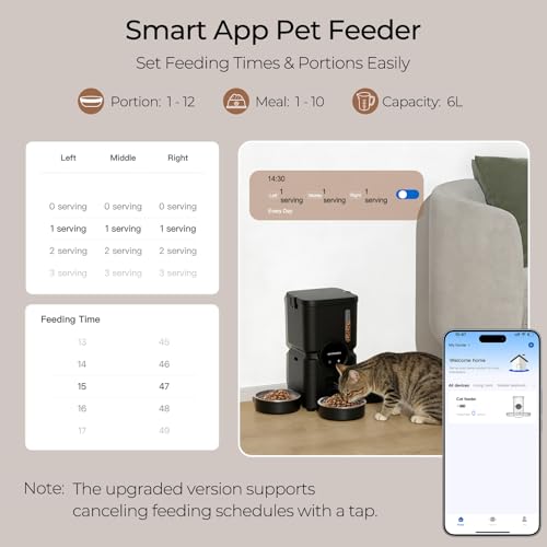 Automatic Cat Feeder for 3 Cats with Slow Feed, 6L Smart WiFi Pet Feeder, 2.4G & 5G Dual-Band, Battery Powered with 15-Day Battery Life, for Cats & Small Dogs (Black) - color: Black