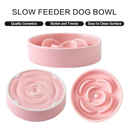 6'' Ceramic Slow Feeder Dog Bowls - Petal Shape Modern Dog Food Dish for Cats and Small Breed Dogs, Puzzle Maze Bowl to Slow Down Eating, Anti-Gulping, Dishwasher & Microwave Safe, Pink - color: Pink, size: 6 inch