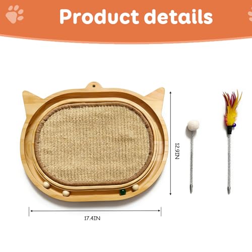 Sisal Cat Scratcher Toy with Ball Track Feather and Ball, Wooden Interactive Toy for Indoor Cats, Scratch Pad,Kitten Toys for Chasing Hunting Physical Exercise(12.9 * 17.4in