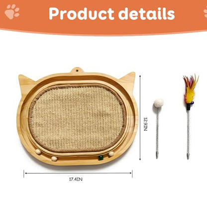 Sisal Cat Scratcher Toy with Ball Track Feather and Ball, Wooden Interactive Toy for Indoor Cats, Scratch Pad,Kitten Toys for Chasing Hunting Physical Exercise(12.9 * 17.4in