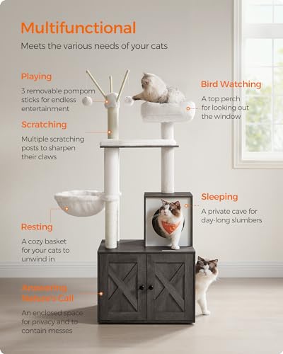 Feandrea Cat Tree with Litter Box Enclosure, 59-Inch Modern Cat Tower, 2-in-1 Condo with Scratching Posts, Washable Removable Cushion, Misty Gray UPCT113G02 - color: Misty Gray