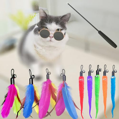 ZPH Cat Toys Interactive for Indoor Cats,2PCS Retractable Cat Wand,9PCS Teaser Toys&1PCS Eyeglasses Toy,Interactive Feather Toy for Teaser Play and Chase Exercise with Kitten - style: SET C