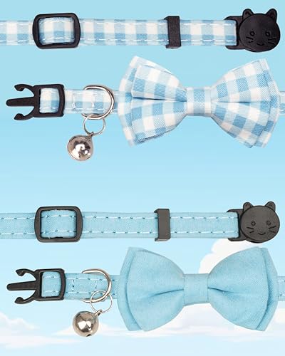 Cat Collar with Bow Tie 2pcs Set Bell Boy Girl Kitten Safety Plaid Grid Checkered Solid Color Suede Velvet Cute Soft Gift [2pcs] Blue - color: Style A-[2pcs] Blue