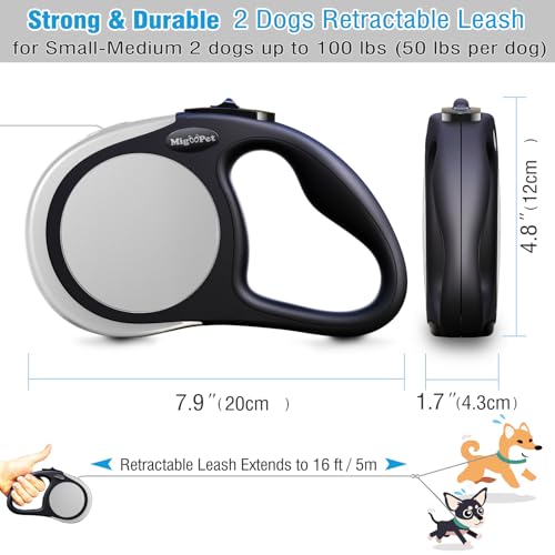 Double Retractable Dog Leash for Two Dogs Up to 110 lbs - 16 ft Coupler Leashes for Small Medium Dogs - One Locked System, Non Slip Grip, Tangle Free (Grey) - color: GREY