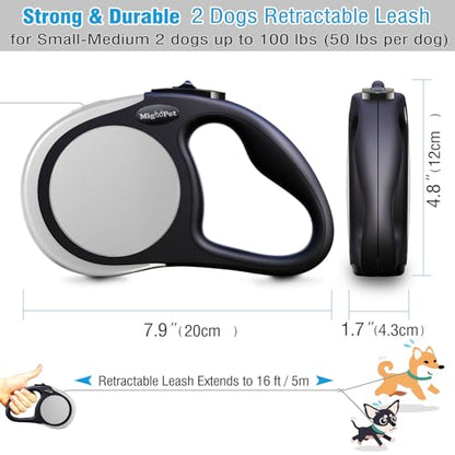 Double Retractable Dog Leash for Two Dogs Up to 110 lbs - 16 ft Coupler Leashes for Small Medium Dogs - One Locked System, Non Slip Grip, Tangle Free (Grey) - color: GREY