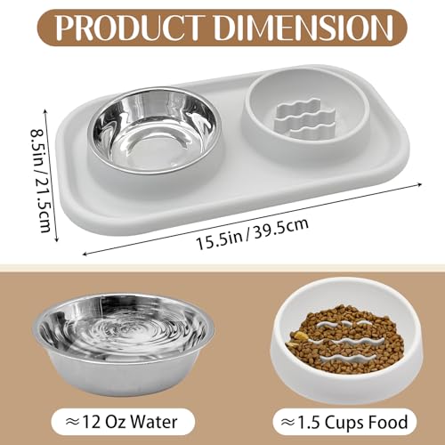 Slow Feeder Dog Cat Bowls, Stainless Steel with Silicone Mat Dog Food and Water Bowls Set, Pet Feeding Dish to Slow Down Eating for Cats and Small Dogs Puppy, Grey - color: Grey