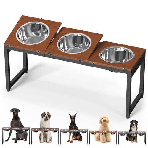 Elevated Dog Bowls Large Breed,Adjustable Raised Dog Bowl Stand,Stainless Steel 3 Bowl Dogs Feeding Station,12.5cup/101oz Each Food Water Bowl(Iron Holder,Wooden Platform,Grained Oak)