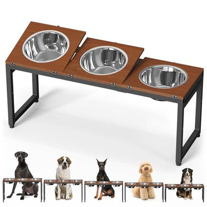 Elevated Dog Bowls Large Breed,Adjustable Raised Dog Bowl Stand,Stainless Steel 3 Bowl Dogs Feeding Station,12.5cup/101oz Each Food Water Bowl(Iron Holder,Wooden Platform,Grained Oak)