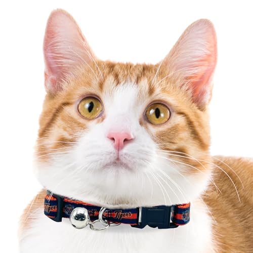 MLB CAT Collar Detroit Tigers Satin Cat Collar Baseball Team Collar for Dogs & Cats. A Shiny & Colorful Cat Collar with Ringing Bell Pendant - color: Detroit Tigers