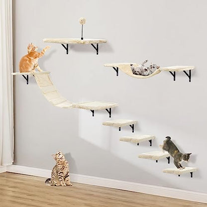 Wall-Mounted Cat Climber Set with Climbing Shelves, Perches, Bridge,Hammock,Scratching Board & Ball - 7 Pcs Wood Indoor Cat Furniture for Kittens Play (Beige) - color: Beige