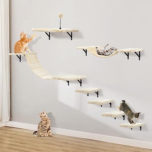 Wall-Mounted Cat Climber Set with Climbing Shelves, Perches, Bridge,Hammock,Scratching Board & Ball - 7 Pcs Wood Indoor Cat Furniture for Kittens Play (Beige) - color: Beige