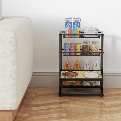 Cat Feeding Station with Elevated Cat Bowl Stand, 3-Tier Cat Food Organizer & Storage, Pet Feeding Station with Cat Table, Cat Food Stand for Large Medium Cats, 3 Height Adjustable, Black