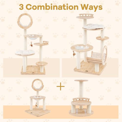 PETSITE 57 Inches Tall Wooden Cat Tree, Multi-Level Cat Tower with Scratching Posts, Space Capsule Bed, Padded Platform and Hanging Ball, Modern Transformable Cat Tree Tower for Indoor Cats Large