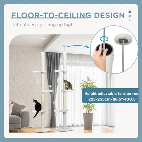 PawHut Floor to Ceiling Cat Tree with Scratching Posts, 88.5"-100.5" Adjustable Height, Cat Climbing Tower with Cloud Shape Platforms, Toy Balls, Anti-toppling Device, White