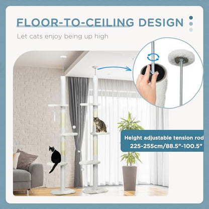 PawHut Floor to Ceiling Cat Tree with Scratching Posts, 88.5"-100.5" Adjustable Height, Cat Climbing Tower with Cloud Shape Platforms, Toy Balls, Anti-toppling Device, White