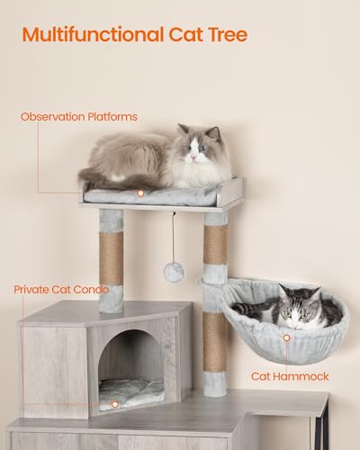 Hzuaneri Cat Litter Box Enclosure with Cat Tree, 4-in-1 Modern Cats House with Large Platform, Cats Condo with Sisal Scratching Mat, Posts, Stairs and Pompom, Washable Cushions, Greige CB81005B - color: Greige