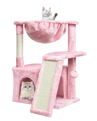 SYANDLVY Cat Tree for Indoor Cats Large Adults, Modern Activity Tower with Scratching Posts & Board, Condo with Plush Perch, Climbing Stand with Cradle & Hanging Ball for Play, Pink - color: Pink