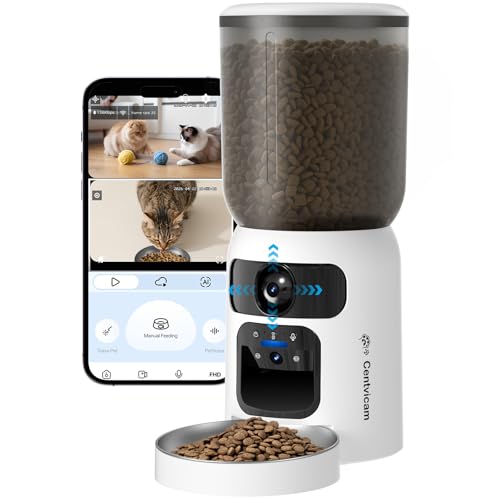 Automatic Cat Feeder with Two Camera: 5G WiFi Automatic Dog Feeder with Laser Pointer, 6L Automatic Cat Food Dispenser with Night Vision for Multiple Pet, Detachable for Easy Clean -24 Cup - color: Movable Camera - White