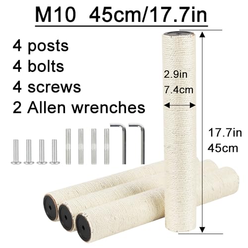 4 Pcs 2.9in 7.4cm Diameter Cat Tree Replacement Post Scratching Sisal Pole (M10, 17.7in/45cm) - color: 17.7in/45cm, size: M10*4posts