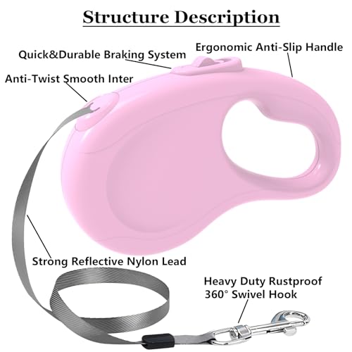 Retractable Dog Leash, 16Ft/5M Light Weight Retractable Leash for Small Medium Dogs/Cats Up to 50lbs, Strong Nylon Tape 360° Tangle-Free One-Hand Brake (Pink) - color: Pink