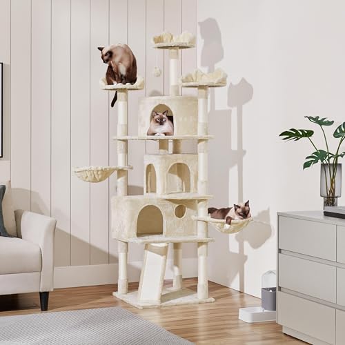 Yaheetech 76.5in Multi-Level Large Cat Tree, Big Cat Tower with 3 Condos, Cozy Plush Perches, 9 Sisal Scratching Posts and Ladder, Activity Center for Large Kitties, Beige - color: Beige