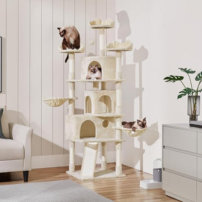 Yaheetech 76.5in Multi-Level Large Cat Tree, Big Cat Tower with 3 Condos, Cozy Plush Perches, 9 Sisal Scratching Posts and Ladder, Activity Center for Large Kitties, Beige - color: Beige