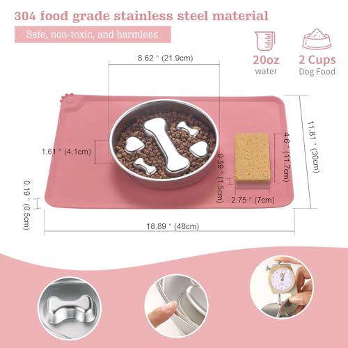 Stainless Steel Slow Feeder Dog Bowls – Non-Slip Metal Dog Bowl for Large & Medium Breeds, Puppy Puzzle Feeder – 2 Cup Capacity for Small to Big Pets – Durable Slow Feed Dog & Cat Food Dish with Mat - color: Bone&Heart With Mat-Pink