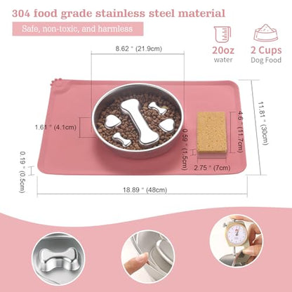 Stainless Steel Slow Feeder Dog Bowls – Non-Slip Metal Dog Bowl for Large & Medium Breeds, Puppy Puzzle Feeder – 2 Cup Capacity for Small to Big Pets – Durable Slow Feed Dog & Cat Food Dish with Mat - color: Bone&Heart With Mat-Pink