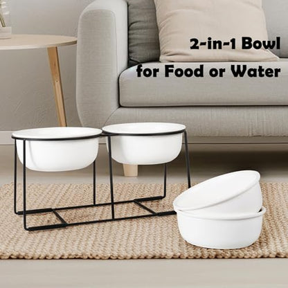 Ceramic Elevated Dog Bowl Set - Raised Double Feeding Bowls with Metal Stand - Pet Dishes for Medium and Large Dogs - 5.8 Cups - 47.3 fl oz - Matte White - color: Matte White, size: XL-800ml