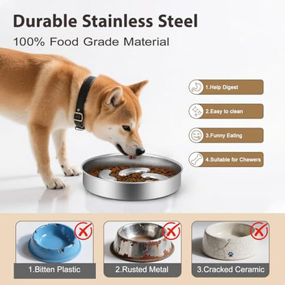 Slow Feeder Dog Bowl Stainless Steel, 2 Cups Heavy Duty with Non-Slip Base Dog Food Bowls for Small Medium Large Breed Size Dogs to Slow Down Eating
