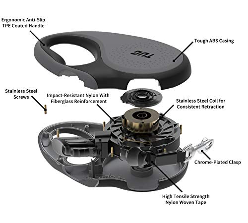 TUG 360° Tangle-Free Retractable Dog Leash with Anti-Slip Handle | 16 ft Strong Nylon Tape | One-Handed Brake, Pause, Lock (Large, Grey) - color: Grey, size: Large