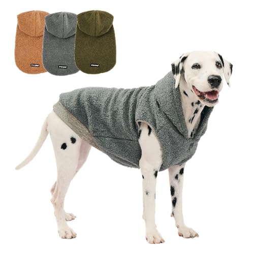 Tuff Pupper Fleece Dog Hoodie Sweater | Teddy Sherpa Outer & Soft Polar Fleece Lining | Adjustable Fit Winter Coat with Hood, Leash Hole, Ribbed Cuffs | for Small Medium Large XL XXL Dogs (Grey, L) - color: Grey, size: 40-60 lbs (Large)