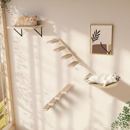 Cat Wall Shelves Set with Sisal Cats Window Perch, 4 Piece Wood Climbing Furniture with Curved Sisal Bed, Flat Shelf & Two Wall-Mounted 4 Steps Cat Stairs - color: Sisal-Wood, size: 1 Curved Bed 1 Shelf 2 Ladders