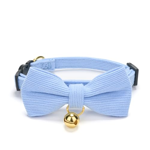 Soft Corduroy Cat Collar with Bell and Bowtie, Safety Breakaway Clasp, Adjustable for Kitten and Cats Blue Color. - color: Blue