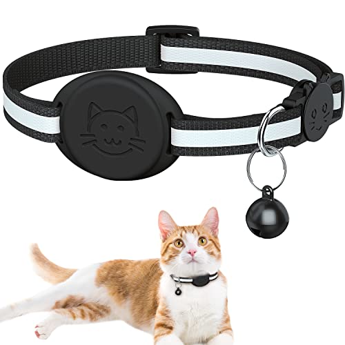 Upgrade Airtag Cat Collar, Reflective Kitten Cat Collar with Bell and Airtag Holder Compatible with Apple Airtags, Lightweight Airtag Cat Collar with Cat Pattern for Kitty Puppy - color: light black