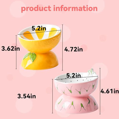 Hamiledyi Ceramic Raised Cat Bowl Anti Vomiting Elevated Tilted Cat Food & Water Bowls 2PCS Pet Feeder Dish for Indoor Kitty and Small Dogs(Lemons & Pitaya)