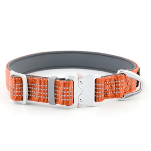 Plutus Pet Reflective Dog Collar with Aviation Aluminum Buckle, Neoprene Padded for Comfort, Lightweight, Heavy Duty Nylon Collar for Puppy Small Medium Large Dogs (Orange, S) - color: Orange, size: S