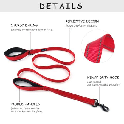 Wagtime Club Double Handle Dog Leash, 6ft Long Heavy Duty Dog Leash with Paded Traffic Handles for Extral Control and Training, Dual Handles Leads, Large Medium Small Dogs (Reflective Carnation Red) - color: Reflective Carnation Red