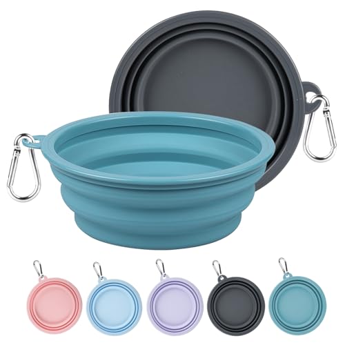 Collapsible Dog Bowls Medium, 2Pack Foldable Dog Travel Bowl, Portable Pet Water Food Bowl with Clasp, Pet Cat Feeding Cup Dish for Traveling, Walking, Hiking (Blue+Grey) - color: Lake Blue & Grey, size: Medium