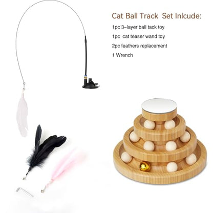 Wooden Cat Ball Track Toy 3-Layer Cat Ball Tower Toy with Suction Cup Cat Teaser Wand Set,Bamboo Cat Toys for Indoor Spinning Bell Balls Kitten Exercise Mental Physical,3pcs Replacement Feathers